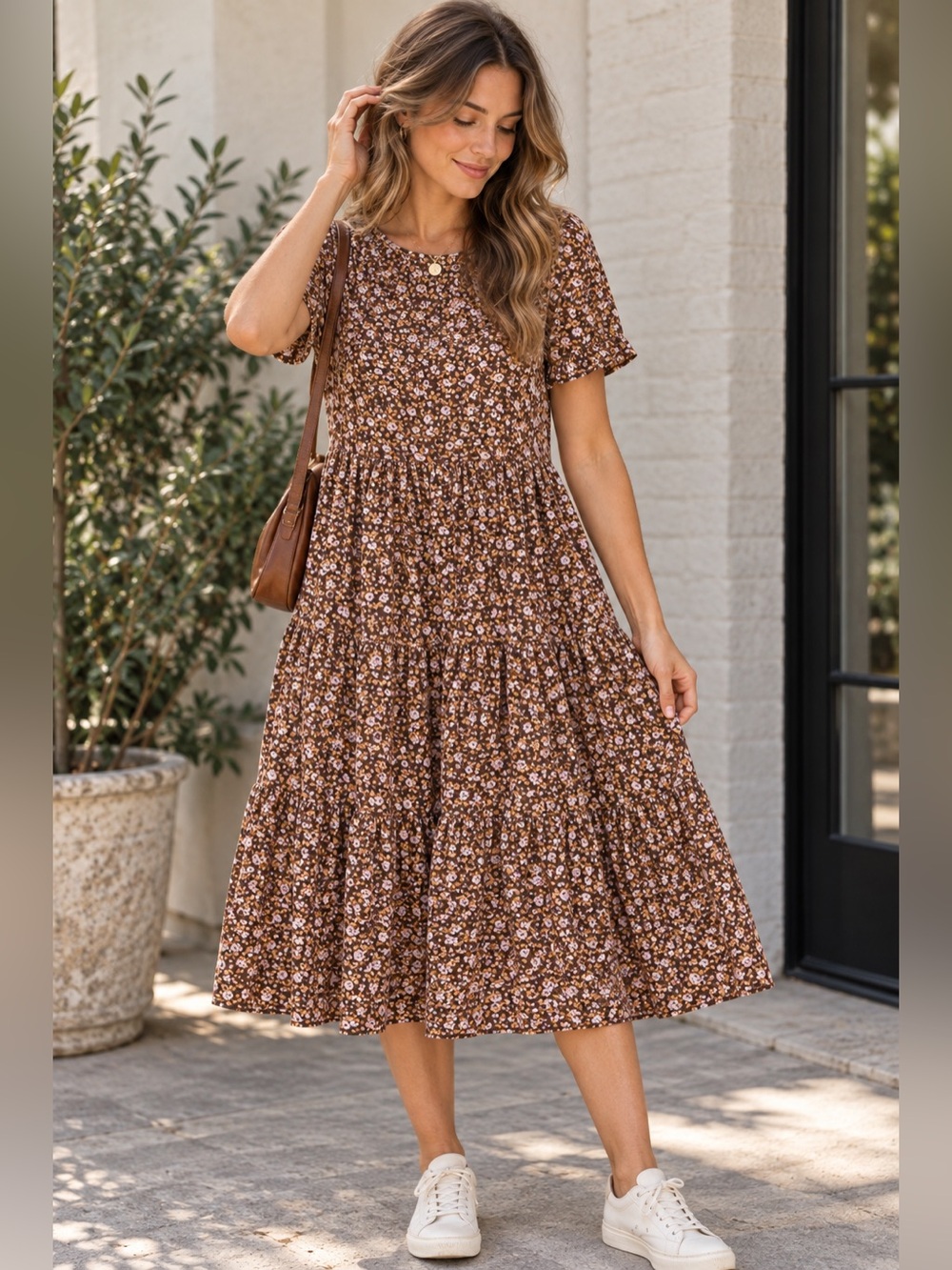 aerie Brown Floral Tiered Midi Dress with Pink Accents